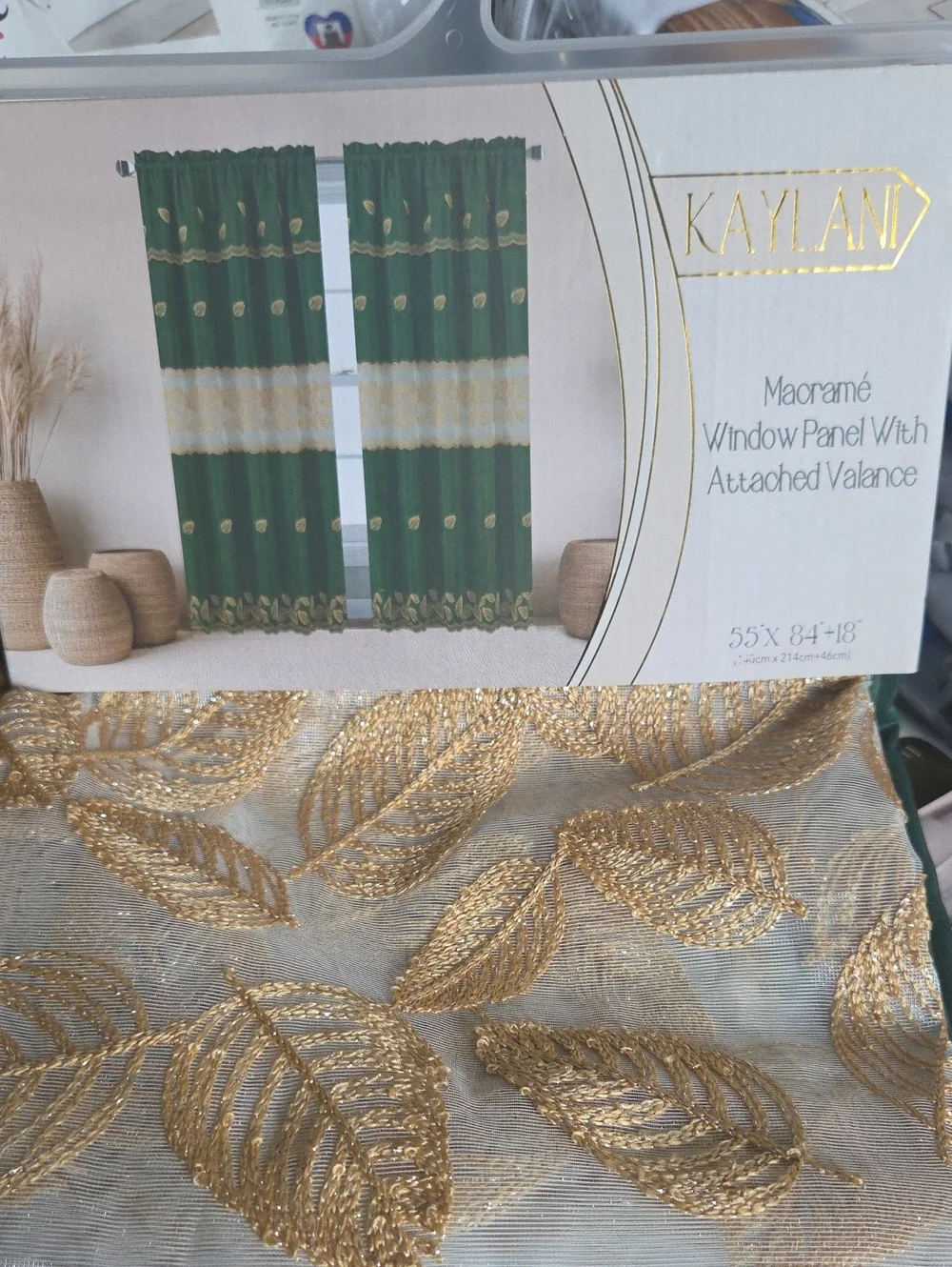 Green and Gold Macramé Window Panel with Attached Valance